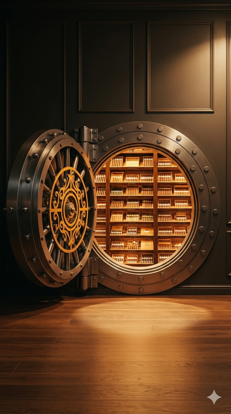 The Cigar Vault — open humidor revealing cigars on warm wooden shelves